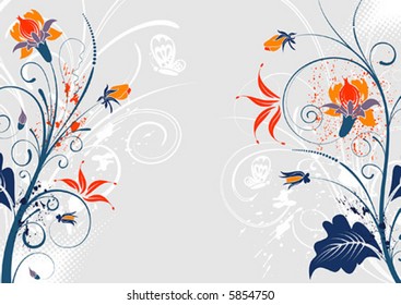 Grunge paint floral background with butterfly, element for design, vector illustration