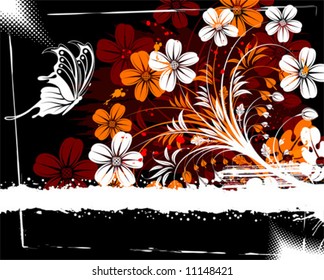 Grunge paint flower background with butterfly, element for design, vector illustration