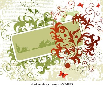 Grunge paint flower background with butterfly, element for design, vector illustration