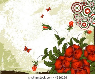 Grunge paint flower background with butterfly, element for design, vector illustration