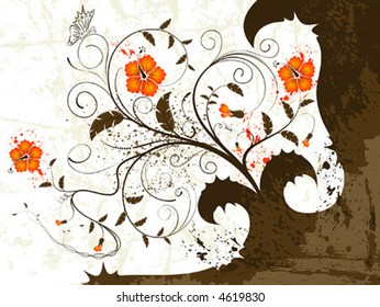 Grunge paint flower background with butterfly, element for design, vector illustration