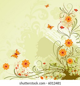 Grunge paint flower background with butterfly, element for design, vector illustration