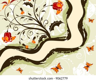 Grunge paint flower background with butterfly, element for design, vector illustration