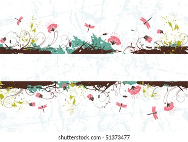 Grunge paint flower background with dragonfly, element for design, vector illustration
