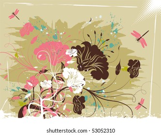 Grunge paint flower background with dragonfly, element for design, vector illustration