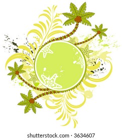 Grunge paint flower summer frame with palm tree, element for design, vector illustration