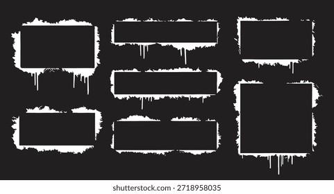 Coleção de quadros de pintura Grunge com bordas de pincel ásperas e texturas de tinta gotejante. Quadros retangulares angustiados em preto e branco para cartazes, banners e design urbano. Perfeito para layouts gráficos ousados e arte moderna.