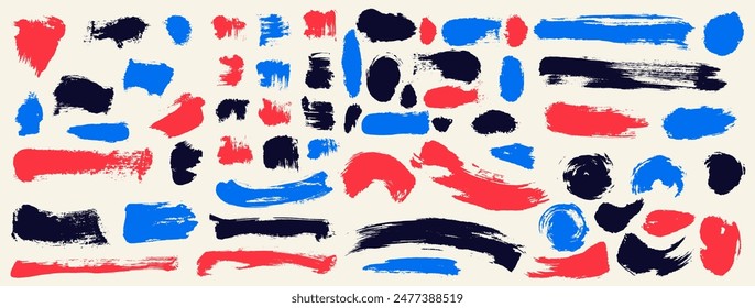 Grunge paint, ink brush strokes set. Collection of isolated on white background. Modern trendy brush stroke for red, blue ink paint, dirt banner, grunge backdrop, watercolor design and dirty texture.