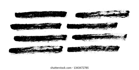 Grunge paint roller. Vector brush stroke.  Distressed banner. Black stripes isolated on white background. Paintbrush collection. Modern textured shape. Dry border in black. Bulge lines. 