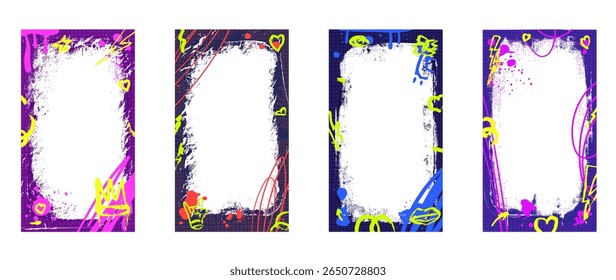 Grunge pintura spray caixas de texto quadros definidos com coroa doodle, corações. Modelos de texto explicativo de grafite com linhas de rabisco de aerógrafo, manchas. Sobreposição de cartazes de textura retrô. Ilustração de parede urbana vetorial.