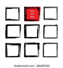 Grunge Paint Square Vector Elements Set 1. Black Rectangles Brush Strokes As Frames. Hand Drawn Border Vector Illustration.EPS 8. Isolated On White.