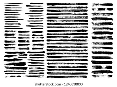 Grunge paint stain brush stroke dabs set. Black vector sumi painting design elements isolated on white background. Horizontal brushstroke lines, chinese or japanese graphic ink art hand drawn elements