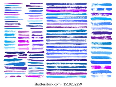 Grunge paint stain brush stroke dabs set. Blue vector sumi painting design elements isolated on white background. Horizontal brushstroke lines, chinese or japanese graphic ink art hand drawn elements