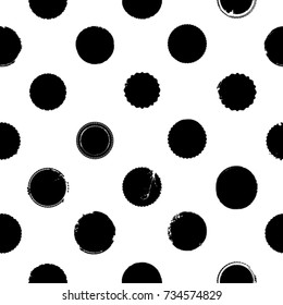 Grunge Paint stamps. Vector brush Stroke . Distressed circles . Repeating  Black isolated paintbrush shapes . Modern Textured background . Dry border in Black . Seamless pattern . Endless texture . 
