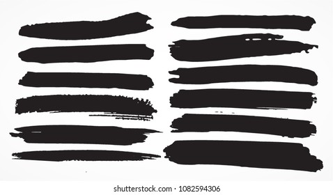 Grunge Paint stripe . Vector brush Stroke . Distressed banner . Black isolated paintbrush collection . Modern Textured shape . Dry border in Black . Bulge lines