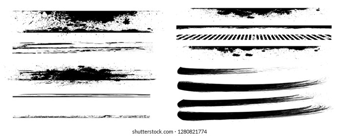 Grunge Paint stripe . Vector brush Stroke . Distressed banner . Black isolated paintbrush collection . Modern Textured shape . Dry border in Black . Bulge lines