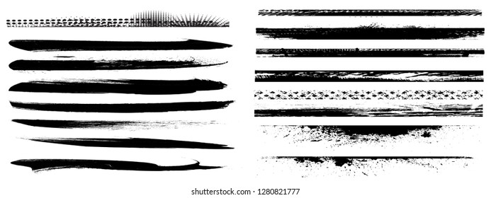 Grunge Paint stripe . Vector brush Stroke . Distressed banner . Black isolated paintbrush collection . Modern Textured shape . Dry border in Black . Bulge lines