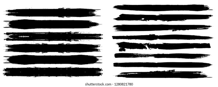 Grunge Paint stripe . Vector brush Stroke . Distressed banner . Black isolated paintbrush collection . Modern Textured shape . Dry border in Black . Bulge lines