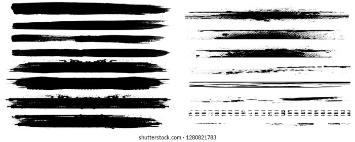 Grunge Paint stripe . Vector brush Stroke . Distressed banner . Black isolated paintbrush collection . Modern Textured shape . Dry border in Black . Bulge lines