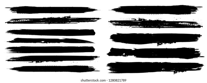 Grunge Paint stripe . Vector brush Stroke . Distressed banner . Black isolated paintbrush collection . Modern Textured shape . Dry border in Black . Bulge lines