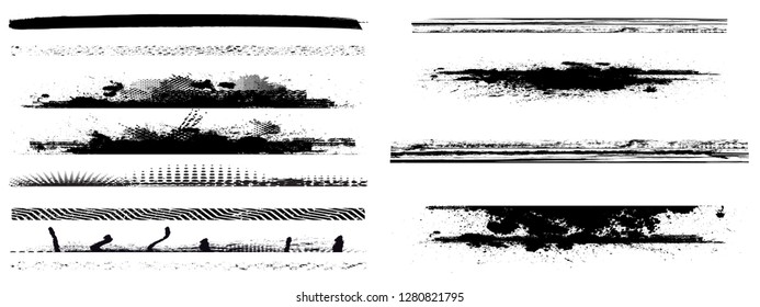 Grunge Paint stripe . Vector brush Stroke . Distressed banner . Black isolated paintbrush collection . Modern Textured shape . Dry border in Black . Bulge lines