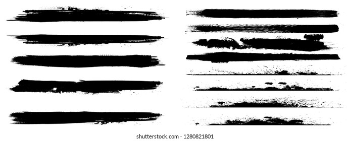 Grunge Paint stripe . Vector brush Stroke . Distressed banner . Black isolated paintbrush collection . Modern Textured shape . Dry border in Black . Bulge lines