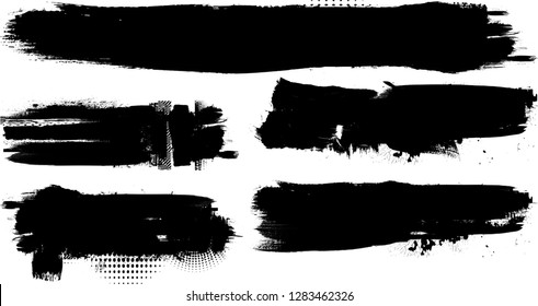Grunge Paint stripe . Vector brush Stroke . Distressed banner . Black isolated paintbrush collection . Modern Textured shape . Dry border in Black . Bulge lines