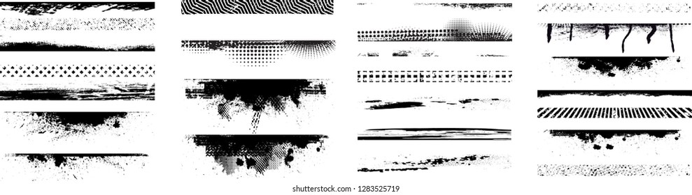 Grunge Paint stripe . Vector brush Stroke . Distressed banner . Black isolated paintbrush collection . Modern Textured shape . Dry border in Black . Bulge lines