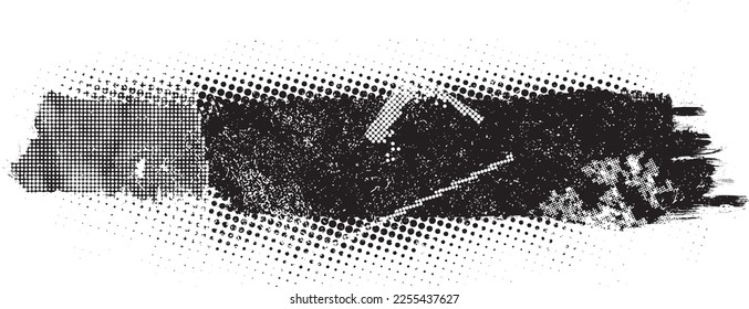 Grunge Paint stripe . Vector brush Stroke . Distressed banner . Black isolated paintbrush collection . Modern Textured shape . Dry border in Black . Halftone dots