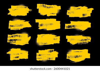 Grunge Paint stripe . Vector brush Stroke . Distressed banner . Yellow gold isolated paintbrush collection . Modern Textured shape . Dry border in Black. isolated on black background. vector eps