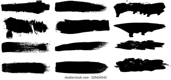 Grunge Paint stripe . Vector brush Stroke . Distressed banner . Black isolated paintbrush collection . Modern Textured shape . Dry border in Black 