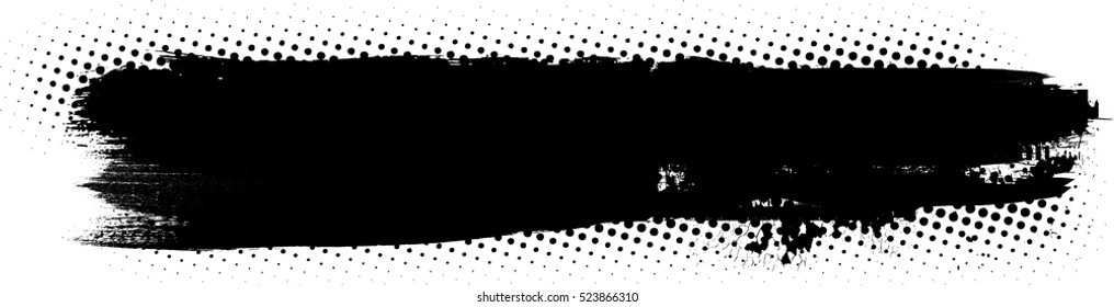 Grunge Paint stripe . Vector brush Stroke . Distressed banner . Black isolated paintbrush collection . Modern Textured shape . Dry border in Black . Halftone dots