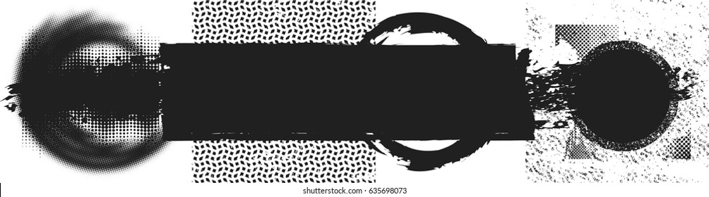 Grunge Paint stripe . Vector brush Stroke . Distressed banner . Black isolated paintbrush collection . Modern Textured shape . Dry border in Black . Halftone dots