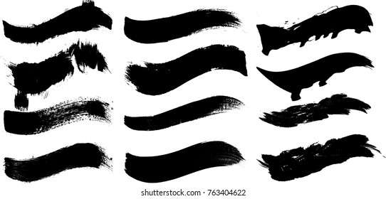 Grunge Paint stripe . Vector brush Stroke . Distressed banner . Black isolated paintbrush collection . Modern Textured shape . Dry border in Black .