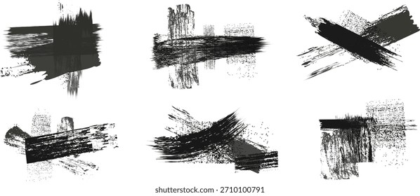 Grunge paint stripes and brayer print effects with merged black lines.
Thick rectangular callout stamps and chalk-style text boxes.
Vector smears and urban wall texture elements.