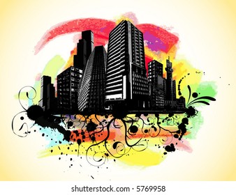 Grunge and paint textured city scape - vector