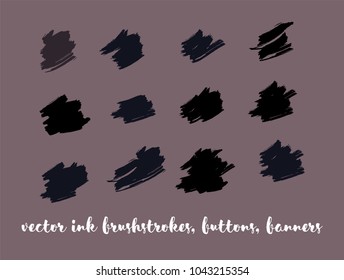 Grunge Paint Vector Brushstrokes Set. Modern Splats, Ink Banners, Hand Painted Smears. Trendy Grunge Ads Backgrounds, Vintage Doodle Textures. Cool Smeared Borders, Vector Painted Buttons Set.