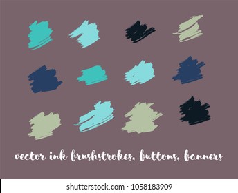 Grunge Paint Vector Brushstrokes Set. Funky Splashes, Ink Banners, Hand Painted Buttons. Trendy Graffiti Ads Backgrounds, Vintage Textured Doodles. Uneven Borders, Paint Vector Paintbrush Set.