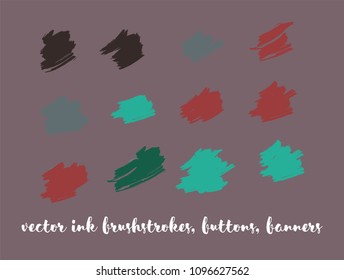 Grunge Paint Vector Buttons Set. Brown Ink Splats, Banners, Chocolate Smears. Hipster Graffiti Ads Borders, Vintage Paintbrush Doodles. Cool Chocolate Smears, Graffiti Paint Vector Buttons Set.