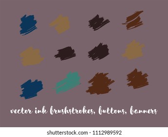Grunge Paint Vector Buttons Set. Trendy Ink Splats, Banners, Hand Painted Smears. Hipster Graffiti Ads Borders, Vintage Textured Doodles. Tasty Chocolate Smears, Graffiti Paint Vector Buttons Set.