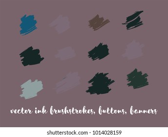 Grunge Paint Vector Paintbrush Set. Modern Splashes, Ink Banners, Hand Painted Smears. Trendy Grunge Ads Backgrounds, Vintage Doodle Textures. Cool Smeared Borders, Vector Drawn Buttons Set.
