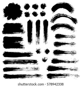 Grunge paint vector. Painted brush strokes. Round text box set. Distress texture backgrounds. Hand drawn banner, label, frame shapes. Black textured design elements. Grungy scratch effect.