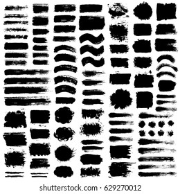 Grunge Paint Vector. Painted Brush Strokes. Texture Text Box Set. Distress Stripes Backgrounds. Hand Drawn Banner, Label, Frame Shapes. Black Textured Design Elements. Grungy Scratch Effect.