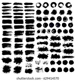 Grunge Paint Vector. Painted Brush Strokes. Texture Text Box Set. Distress Stripes Backgrounds. Hand Drawn Banner, Label, Frame Shapes. Black Textured Design Elements. Grungy Scratch Effect.