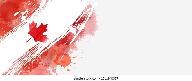 Grunge painted Canadian flag on horizontal banner. Template for invitation, poster, flyer, banner, etc. Abstract watercolor splashes flag of Canada.