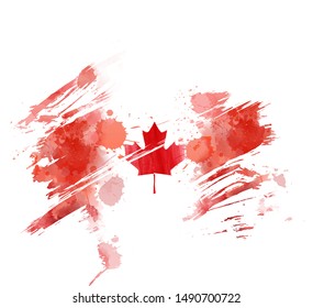 Grunge painted Canadian flag. Template for invitation, poster, flyer, banner, etc. Abstract watercolor splashes flag of Canada.