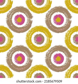 Grunge painted circle shapes seamless pattern vector design. Geometric grunge print. Colorful paint stapms. Hand drawn brush stroke circles. Round ink painting shapes seamless pattern.