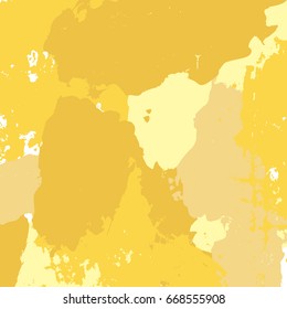 Grunge painted vector yellow background. Grungy brushstroke painting in hipster style. Abstract acrylic texture, banner backdrop design, wallpaper. Vintage hand drawn background ink splashes, stains.