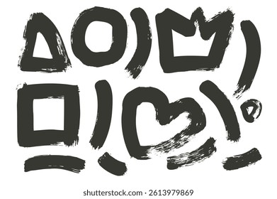 Grunge painting elements with brush stroke texture. Hand drawn black ink graffiti crown lines, heart and geometric urban street style shapes on white background. Freehand abstract figures.