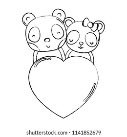 grunge panda couple with heart love sign